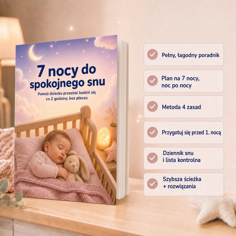 Poradnik 7 nocy do spokojnego snu na szafce nocnej z listą zawartości
