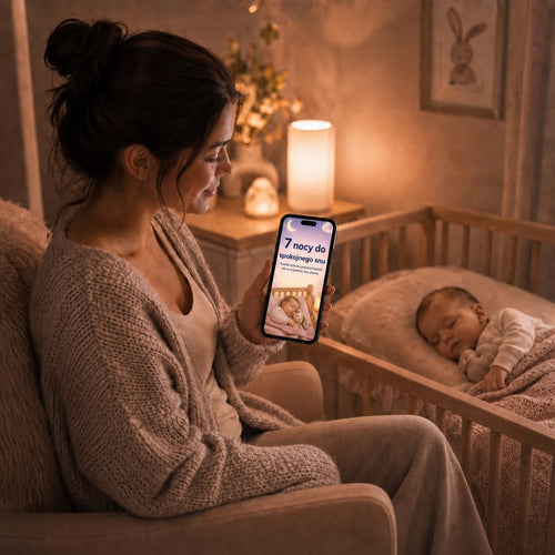 Mama czyta 7 nocy do spokojnego snu na telefonie obok śpiącego dziecka